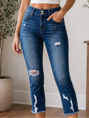 Refuge Distressed Cropped High-Rise Dark Wash Jeans